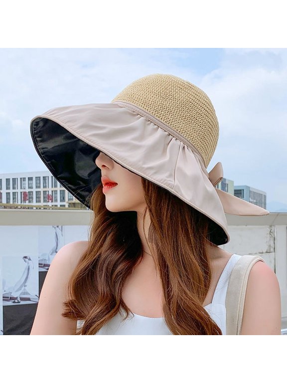 Summer Black Rubber Bow Shading Hat, Female Hollow Grass Hat, UV Resistant, Large Eaves, Face Blocking, Sun Protection, Fisherman Hat