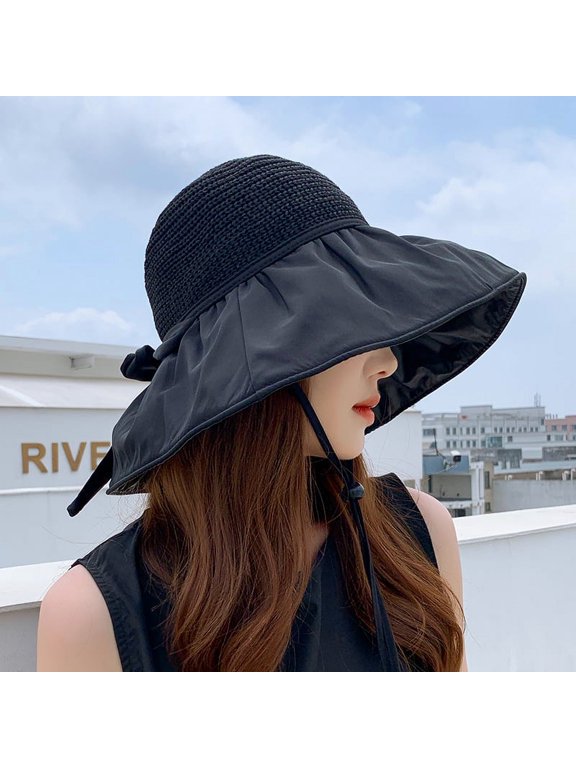 Summer Black Rubber Bow Shading Hat, Female Hollow Grass Hat, UV Resistant, Large Eaves, Face Blocking, Sun Protection, Fisherman Hat