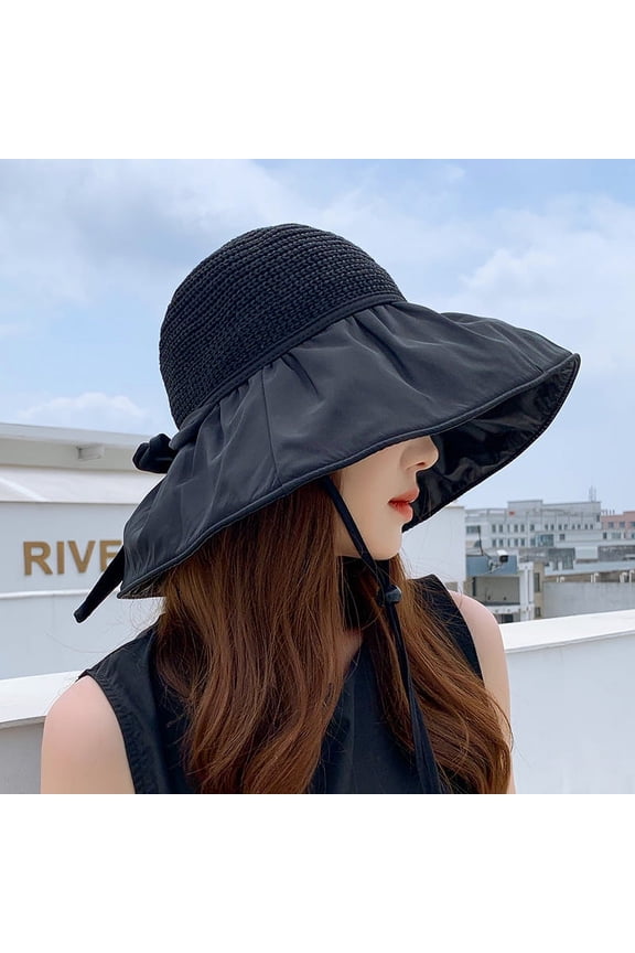 Summer Black Rubber Bow Shading Hat, Female Hollow Grass Hat, UV Resistant, Large Eaves, Face Blocking, Sun Protection, Fisherman Hat
