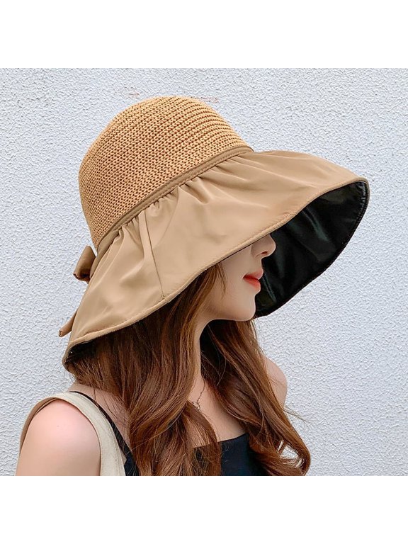 Summer Black Rubber Bow Shading Hat, Female Hollow Grass Hat, UV Resistant, Large Eaves, Face Blocking, Sun Protection, Fisherman Hat