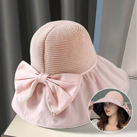 SikaFu Summer Black Rubber Bow Sunshade Hat For Women's Storage, Hollowed Out Fisherman Hat With Large Brim Basin Hat, Sun Protection Hat