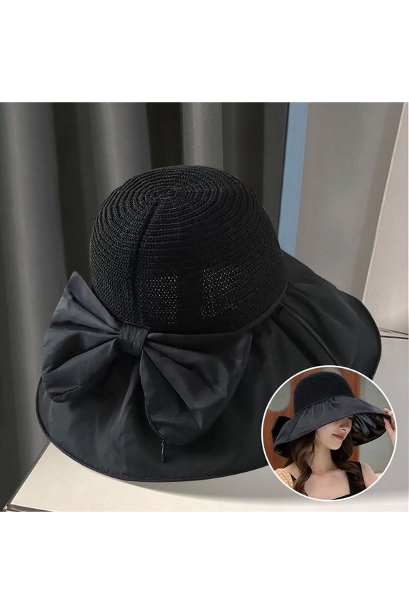 Summer Black Rubber Bow Sunshade Hat For Women's Storage, Hollowed Out Fisherman Hat With Large Brim Basin Hat, Sun Protection Hat