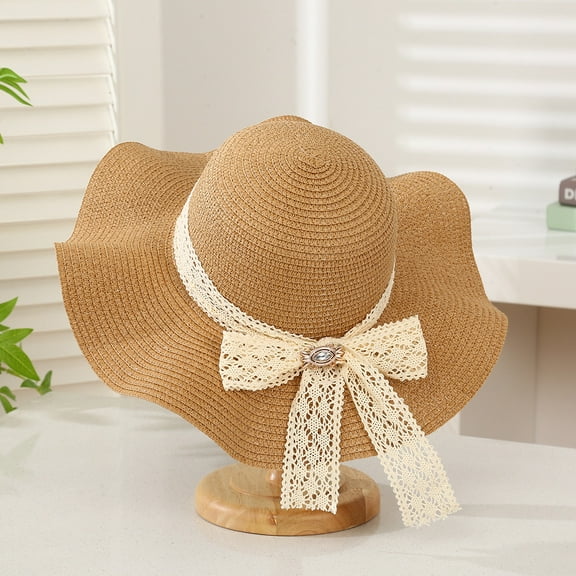 SikaFu Summer Bow, Sun Hat Female Seaside Beach Holiday Hat Outdoor Large Eaves Large Eaves Sun Hat Sweet Straw Hat