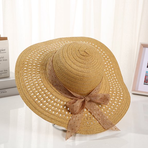 SikaFu Summer Bow, Sun Hat Female Seaside Beach Holiday Hat Outdoor Large Eaves Large Eaves Sun Hat Sweet Straw Hat
