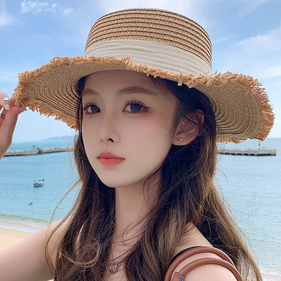 SikaFu Summer Bow, Sun Hat Female Seaside Beach Holiday Hat Outdoor Large Eaves Large Eaves Sun Hat Sweet Straw Hat