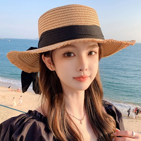 SikaFu Summer Bow, Sun Hat Female Seaside Beach Holiday Hat Outdoor Large Eaves Large Eaves Sun Hat Sweet Straw Hat