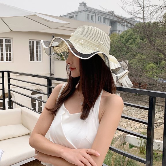 SikaFu Summer Bow, Sun Hat Female Seaside Beach Holiday Hat Outdoor Large Eaves Large Eaves Sun Hat Sweet Straw Hat