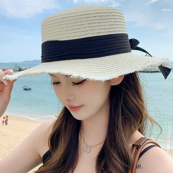 SikaFu Summer Bow, Sun Hat Female Seaside Beach Holiday Hat Outdoor Large Eaves Large Eaves Sun Hat Sweet Straw Hat