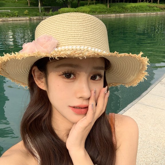 SikaFu Summer Flower Bow Pearl Sweats Straw Hat New French French Hat Hat Seaside Beach Senging Straw Hat