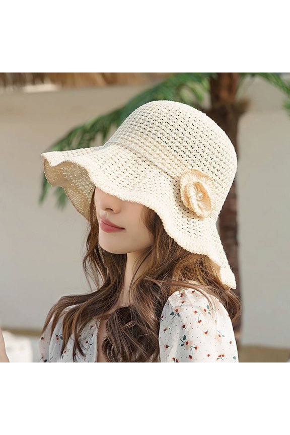 Summer Korean Version Of Sunscreen Sun Hat Wave Wave Edge Flowers Hollow, Breathable Sun Hat Seaside Beach Can Fold The Pot