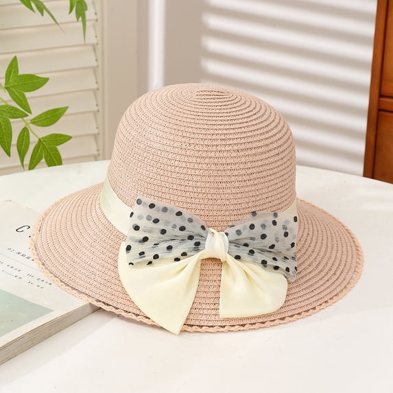 SikaFu Summer New Black Dot Bow Grass Hat Female Small Fresh Sweet Sun Hat Fashion Temperament, Sun Hat