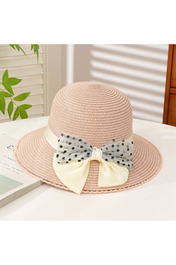 Summer New Black Dot Bow Grass Hat Female Small Fresh Sweet Sun Hat Fashion Temperament, Sun Hat