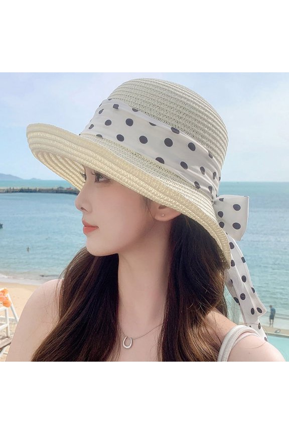 Summer Outdoor Seaside Hat Girl Is Fashionable, Simple, Tapped Dot Straw Hats Sweet Wave Dot Dot Sun Hat Spot