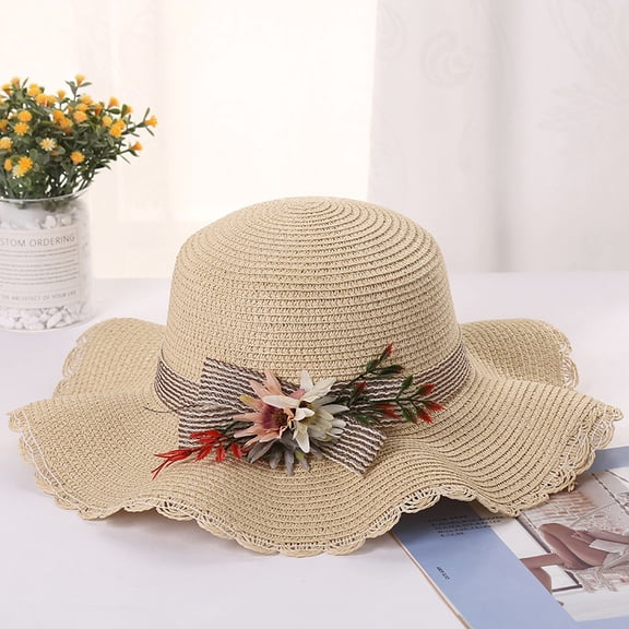 SikaFu Summer Parent -Child Hats Ladies Hats, Flowers, Waves, Wavy Hats, Outdoor Sunscreen, Folding Straw Hat