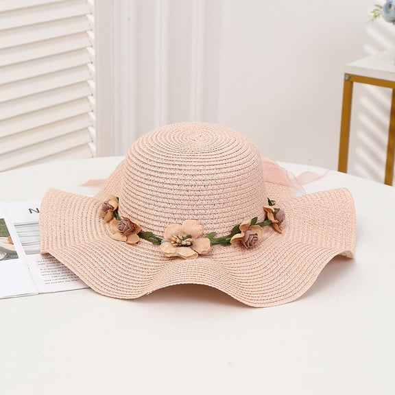 SikaFu Summer Seaside Vacation Flower Ring Straw Hat Small Fresh Sweet Beach Hat Outdoor Sunscreen Hat Sunscreen Ladies