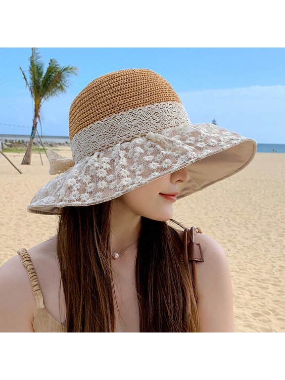 Summer Seaside Vacation Sunscreen Shac Ough, Fashionable Foldable Large Hat, Brim Lace Daisy Vinyl Hat