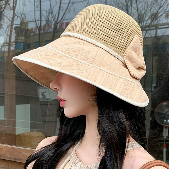 SikaFu Summer Sun -Shade Fisherman Hat Female New Sweet Big Hat Brim, Sun Hat, Plain Face, Face Bow Hat