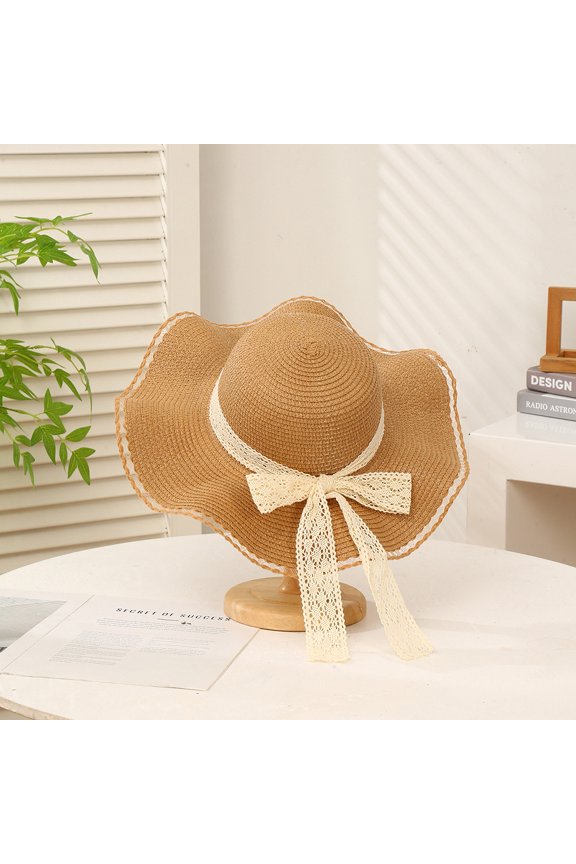 Summer Sunscreen Woven Straw Hat Sweet Lace Ribbon Sun Hat Seaside Vacation Sun Hat Shading Hat Spot