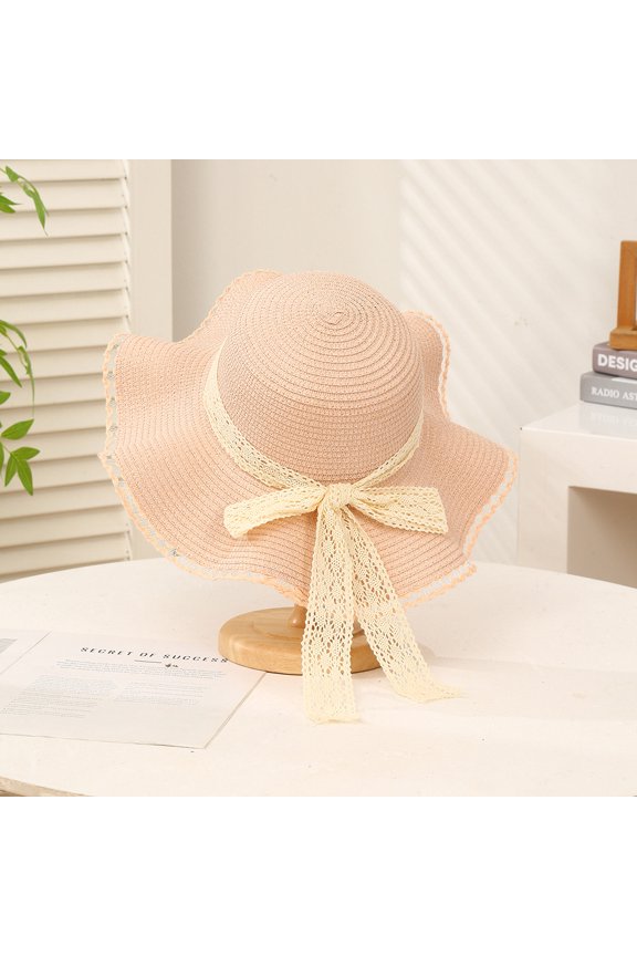 Summer Sunscreen Woven Straw Hat Sweet Lace Ribbon Sun Hat Seaside Vacation Sun Hat Shading Hat Spot