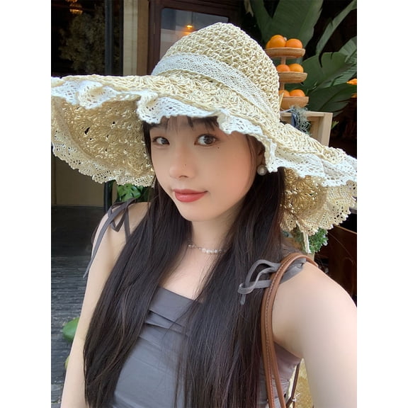 SikaFu Summer Sweet Girl~Lace Bow Straw Hat Women's Korean Versatile Vacation Travel Sunscreen Hat Beach Straw Knitted Hat