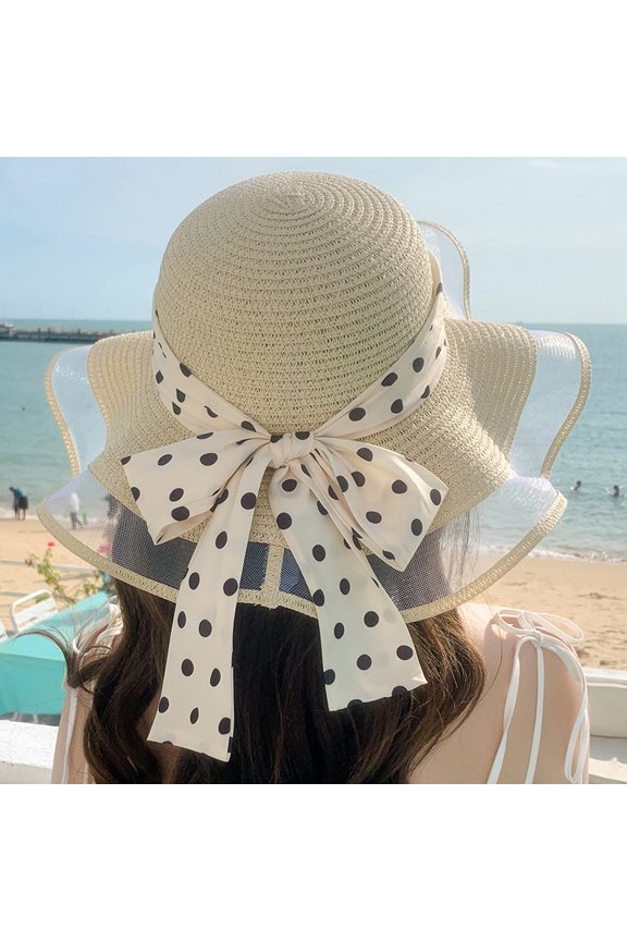 Summer Wavy Dot Dots Floating Straw Hat Female New Small Fresh Sweet Bow Seaside Sun Sunscreen Sun Hat