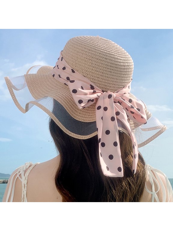 Summer Wavy Dot Dots Floating Straw Hat Female New Small Fresh Sweet Bow Seaside Sun Sunscreen Sun Hat