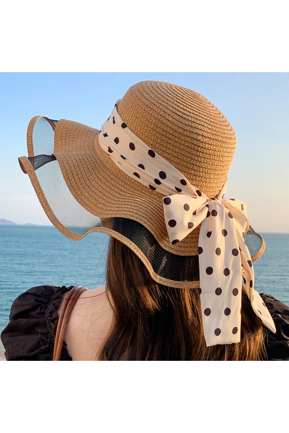 Summer Wavy Dot Dots Floating Straw Hat Female New Small Fresh Sweet Bow Seaside Sun Sunscreen Sun Hat