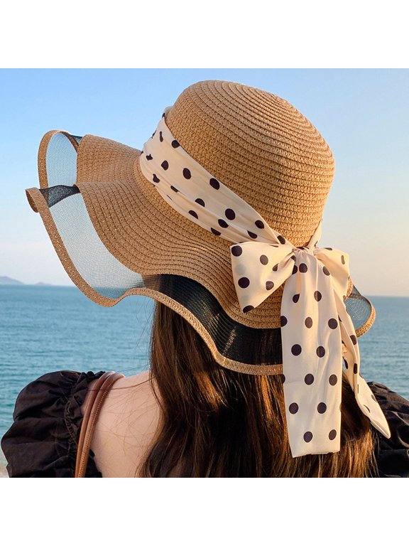 Summer Wavy Dot Dots Floating Straw Hat Female New Small Fresh Sweet Bow Seaside Sun Sunscreen Sun Hat