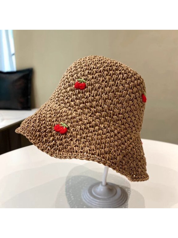 Sunscreen Beach Hat For Summer Leisure Show Face Small Travel Cherry Straw Hat Sunshade Fisherman Hat Female Pot Hat