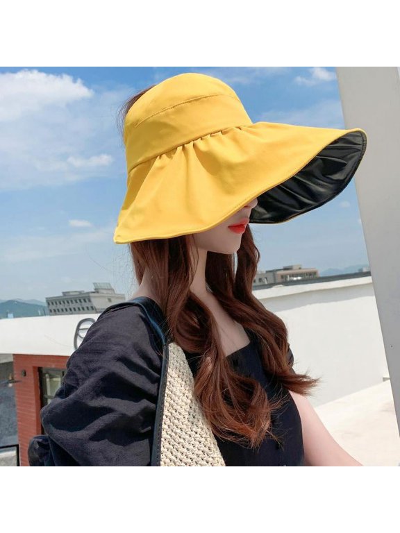 Sunscreen Hat For Women With UV Protection And Can Be Tied In A Ponytail Hat. Summer Black Rubber Sunshade Hat With A Large Brim And An Empty Top Sun Hat