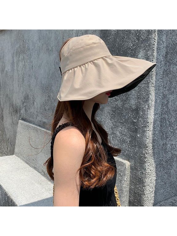 Sunscreen Hat For Women With UV Protection And Can Be Tied In A Ponytail Hat. Summer Black Rubber Sunshade Hat With A Large Brim And An Empty Top Sun Hat