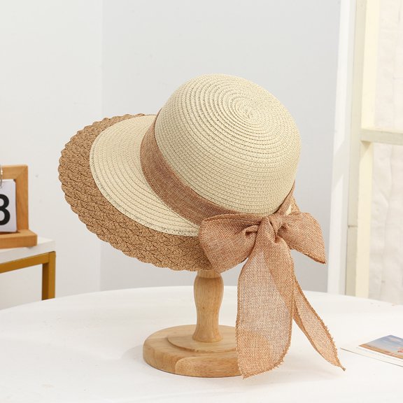 SikaFu The New Straw Hat Female Seaside Holiday Bow Ribbon Sun Hat Behind The Head Opens The Ponytail Sun Hat