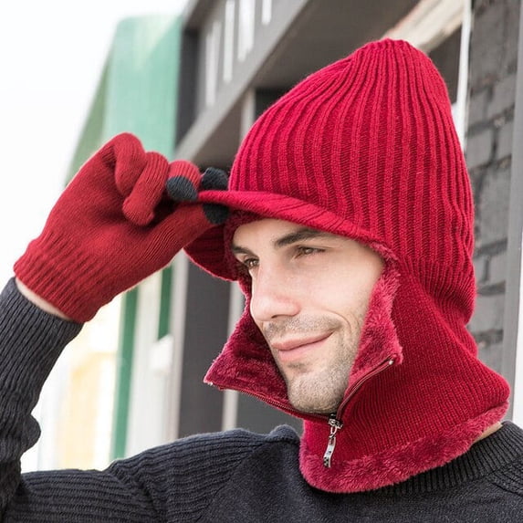 SikaFu Thick Warm Winter Hat Glove Set Men Riding Earflap Cap Male Knitted Hat with Scarf Men PCS Fleece Lined Winter Accessory