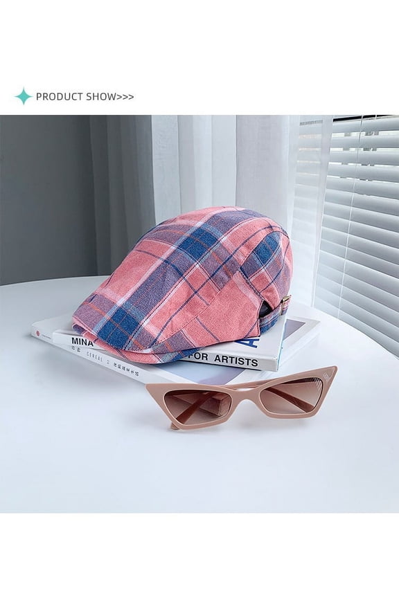 Thin Color Checkered Front Hat For Women, Retro Spring/summer, Reversed Newsboy Hat For Men, American Soft Top, Versatile Beret For Women