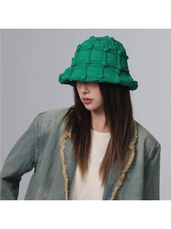 Version Autumn and Winter Padded Plaid Bucket Hat Women Niche Design Warm Simple Temperament Solid Color Bob Cap