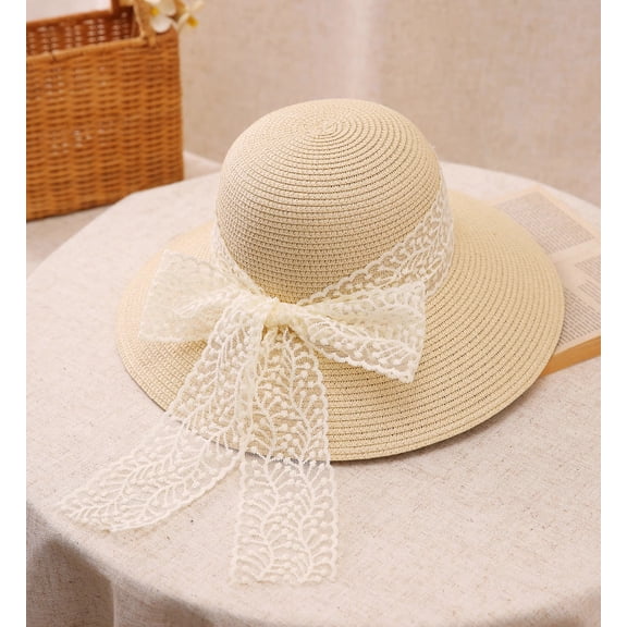 SikaFu Version Lace Bow Grass Woven Fisherman Hat For Women's Summer Outings, Sun Protection And Sun Shading Hat, Beach Hat, Grass Hat