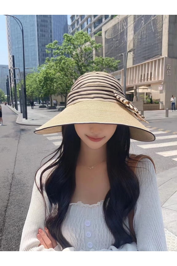 Version Of Large Brimmed Empty Top Hat For Women's New Summer Beach Straw Hat With Bow Shading And Versatile Fisherman Hat