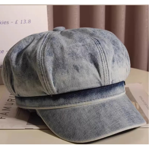 SikaFu Version Of Metal Letter Label Washed Denim Octagonal Hat For Women In Spring And Summer, Versatile Beret For Showing Face, Small Painter Hat