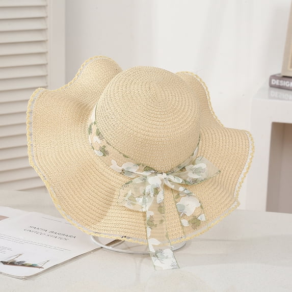 SikaFu Version Of Red Flower Ribbon Straw Hat Ladies New Bow Wavy Sun Hat Seaside Beach Hat