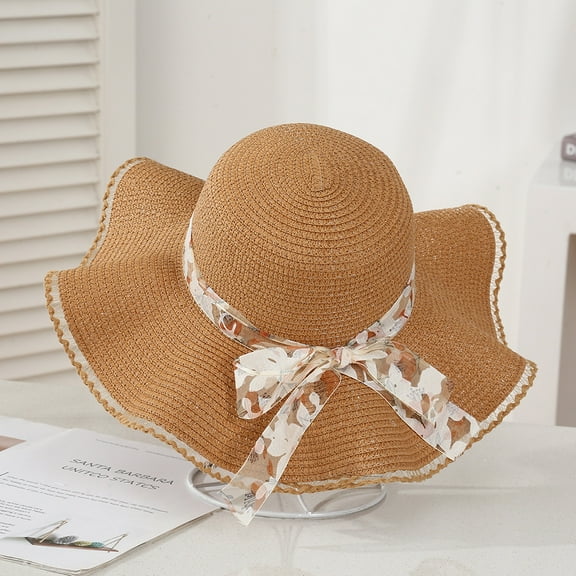 SikaFu Version Of Red Flower Ribbon Straw Hat Ladies New Bow Wavy Sun Hat Seaside Beach Hat