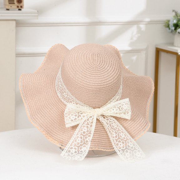 SikaFu Version Of The New Summer Wavy Shade Straw Hat Beach Hat Lace Bow, Sun Hat Spot