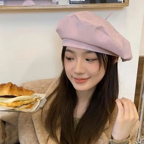 SikaFu Version Spring and Autumn PU Leather Beret Women Face Small Fashion Painter Hat Sweet Versatile Big Version Pumpkin Cap