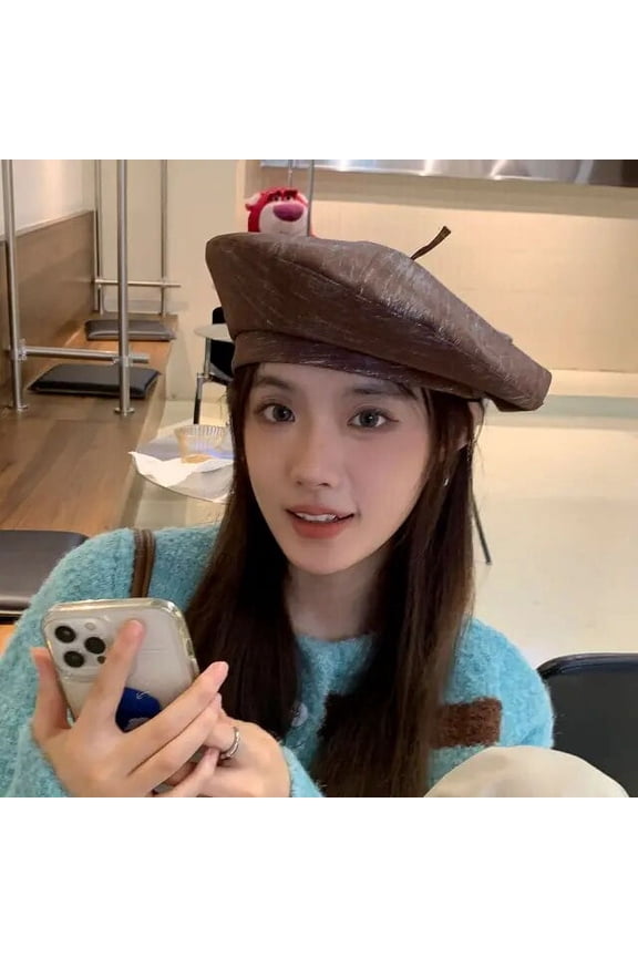 Version Spring and Autumn PU Leather Beret Women Face Small Fashion Painter Hat Sweet Versatile Big Version Pumpkin Cap