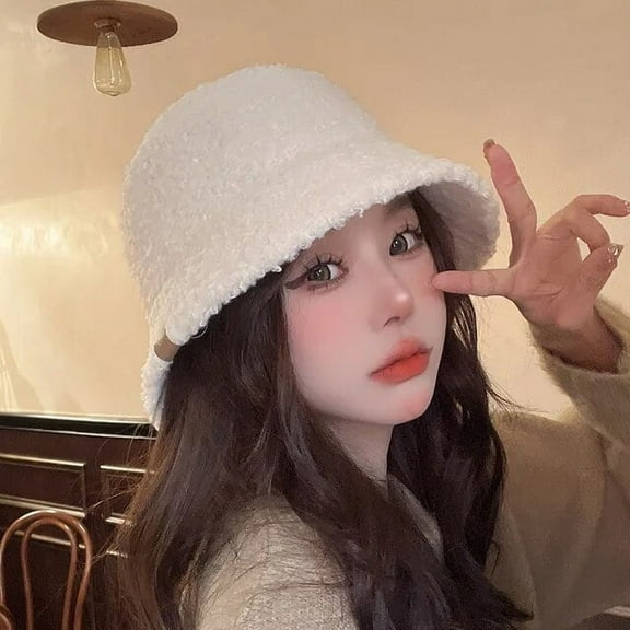 SikaFu Version of The New Winter Bucket Hat Women's Lamb Wool Warm Basin Hats Solid Color Simple and Elegant Dome Panama Bob Cap