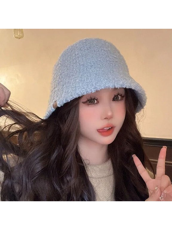 Version of The New Winter Bucket Hat Women's Lamb Wool Warm Basin Hats Solid Color Simple and Elegant Dome Panama Bob Cap