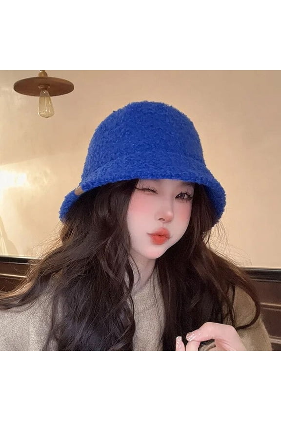 Version of The New Winter Bucket Hat Women's Lamb Wool Warm Basin Hats Solid Color Simple and Elegant Dome Panama Bob Cap