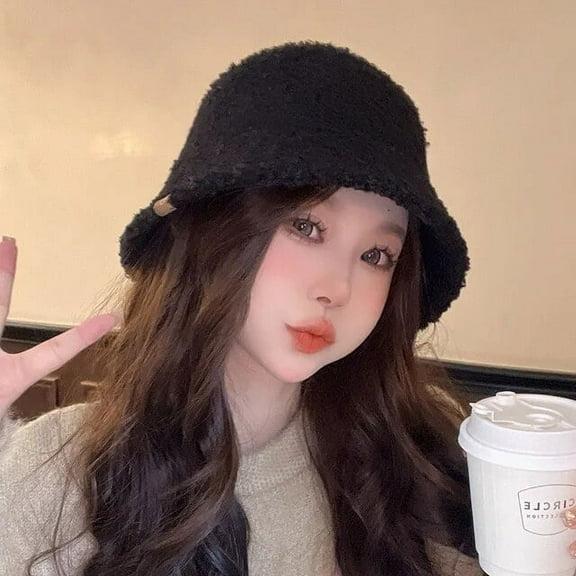 SikaFu Version of The New Winter Bucket Hat Women's Lamb Wool Warm Basin Hats Solid Color Simple and Elegant Dome Panama Bob Cap