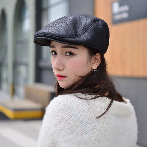 SikaFu Warm Winter Faux Leather Beret Caps Black Brown Men Women Flat Ivy Driver Cabbie Hats Thicken Fleece Lined Dad Hats Caps