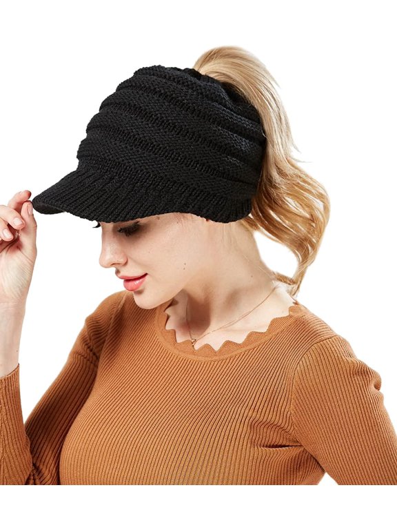 Winter Cable Knit Beanie Cap Soft Stretch Messy High Bun Ponytail Hat Unisex Warm Fleece Lined Skull Cap