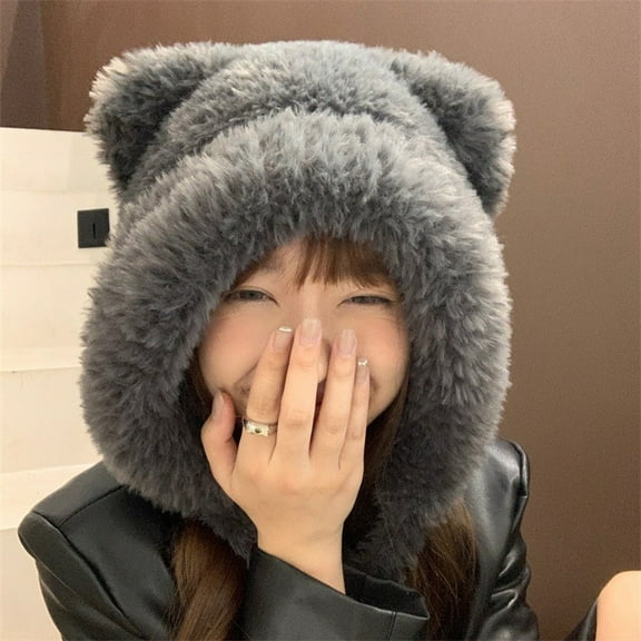 SikaFu Winter Version Of Cute Plus Peltic Plush Hat Female Cartoon Ear -Cooted Woven Hooded Ear Hat Hats